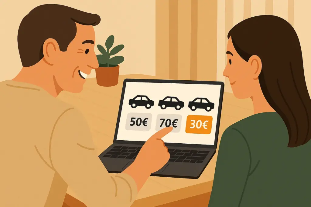 Pareja comparando precios de seguros de coches históricos en portátil.