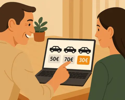 Pareja comparando precios de seguros de coches históricos en portátil.