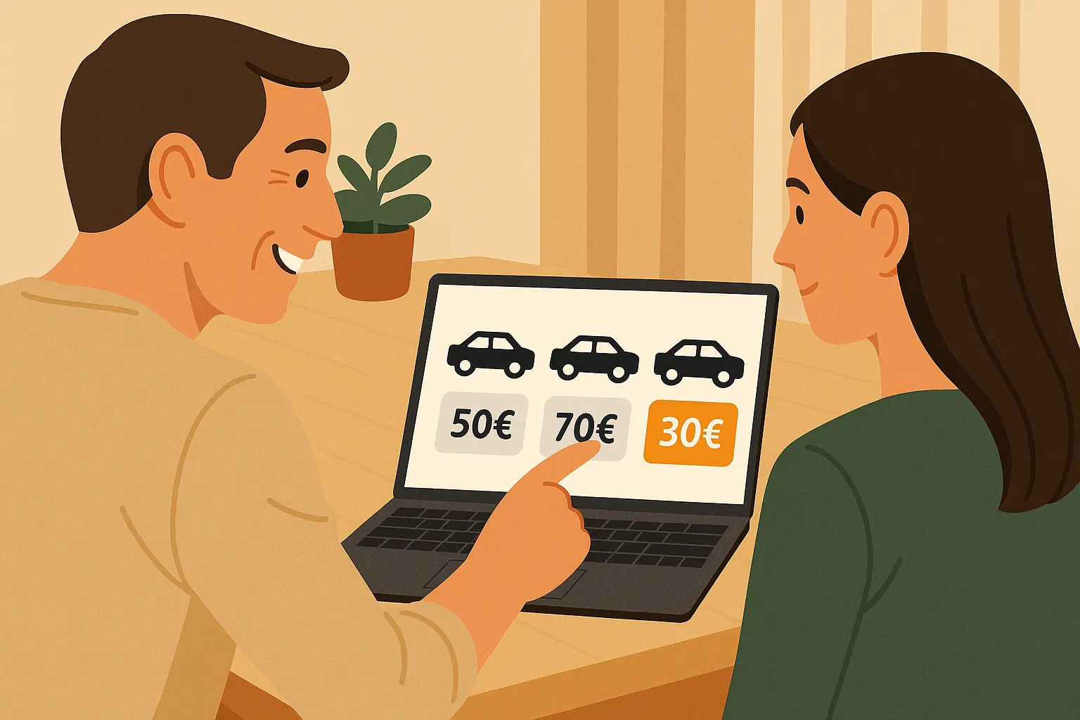 Pareja comparando precios de seguros de coches históricos en portátil.