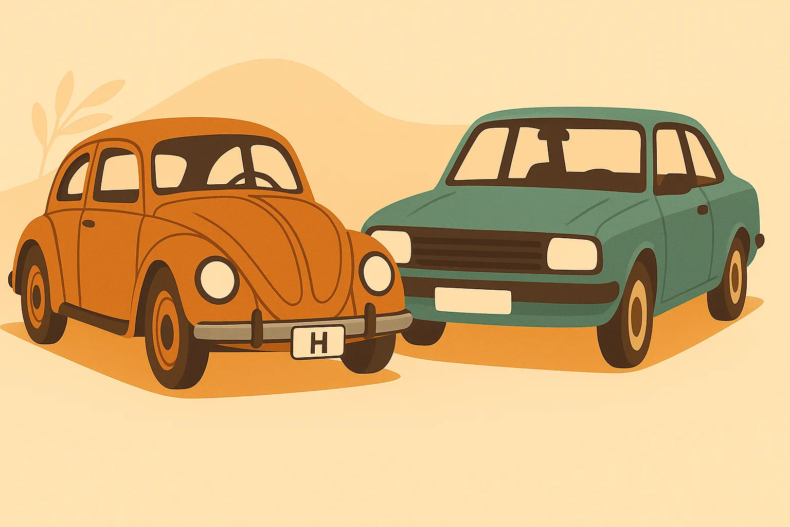 Comparativa visual entre un coche clásico y otro histórico aparcados.