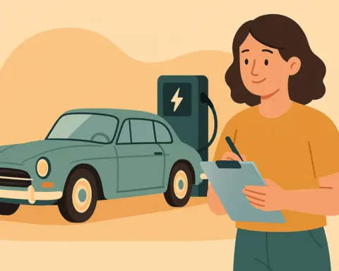 Mujer tomando notas frente a coche histórico cargándose en punto eléctrico.