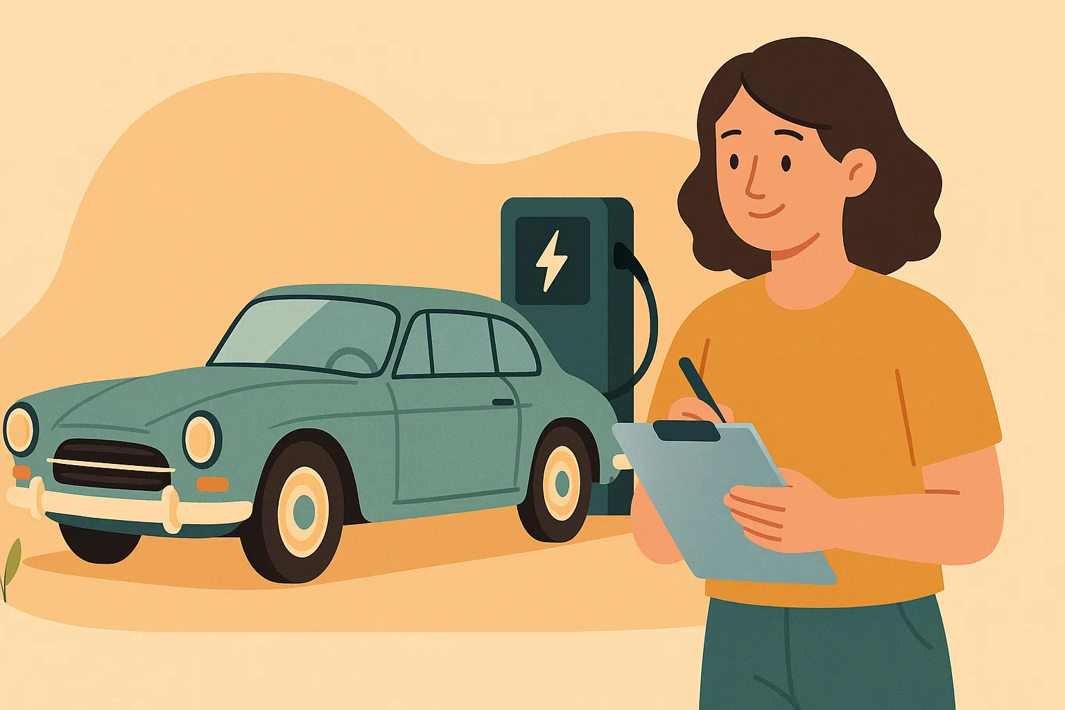 Mujer tomando notas frente a coche histórico cargándose en punto eléctrico.