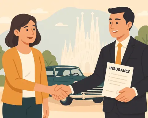 Mujer estrechando la mano con agente de seguros de coche histórico en Barcelona.