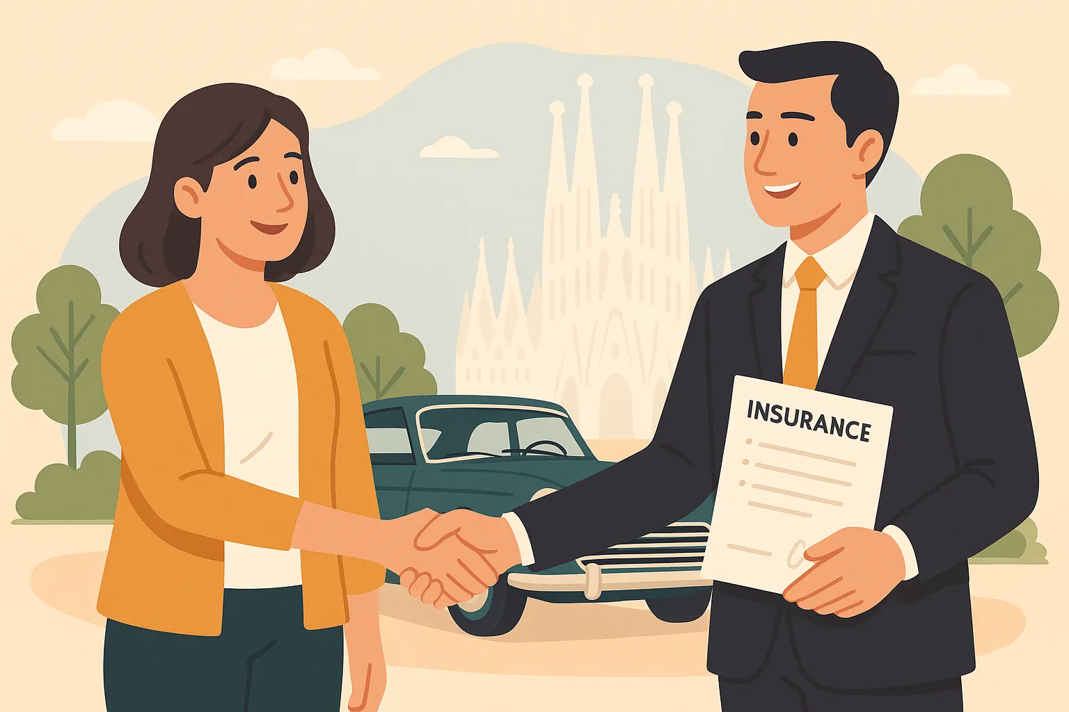 Mujer estrechando la mano con agente de seguros de coche histórico en Barcelona.