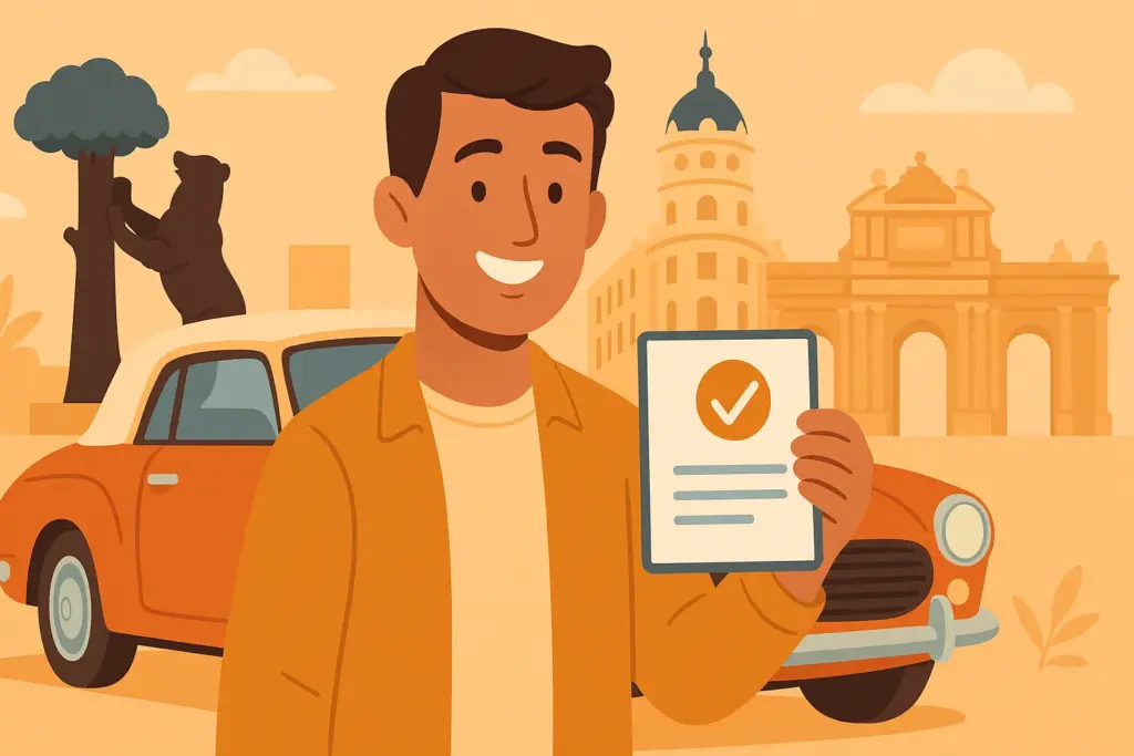 Hombre feliz con documento de seguro frente a coche histórico y monumentos icónicos de Madrid.