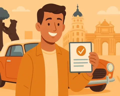 Hombre feliz con documento de seguro frente a coche histórico y monumentos icónicos de Madrid.