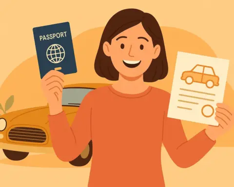 Mujer sosteniendo pasaporte y documento frente a un coche histórico importado.