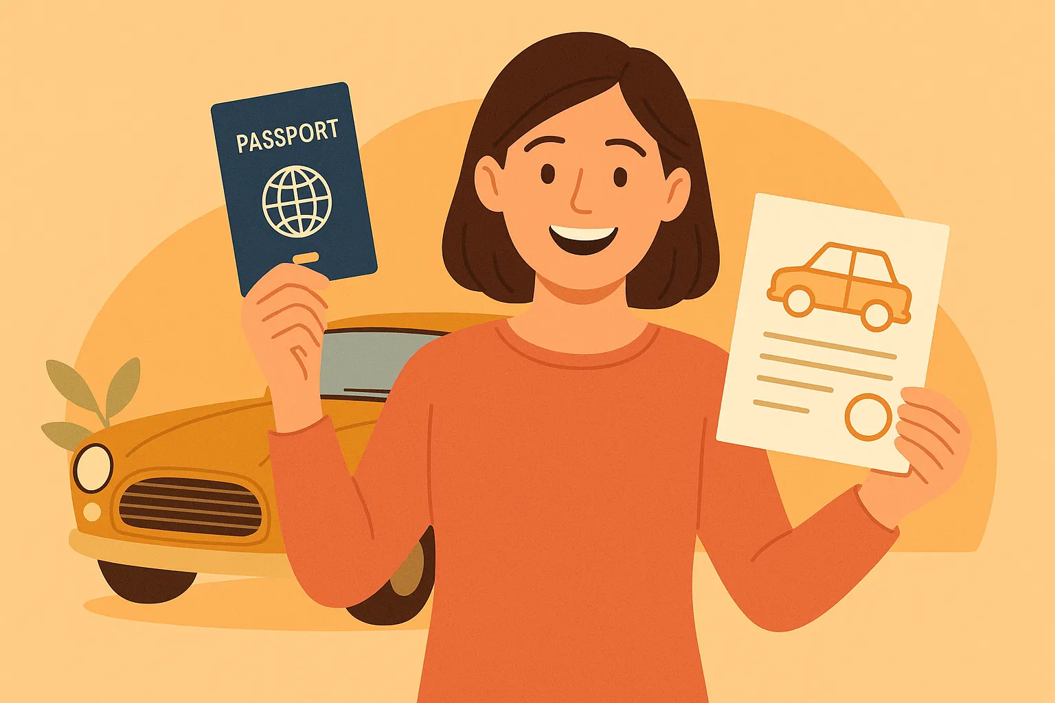 Mujer sosteniendo pasaporte y documento frente a un coche histórico importado.