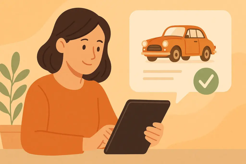 Mujer usando tablet para contratar seguro de coche histórico con confirmación de verificación.