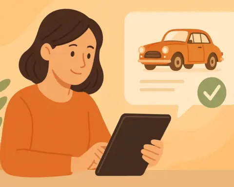 Mujer usando tablet para contratar seguro de coche histórico con confirmación de verificación.