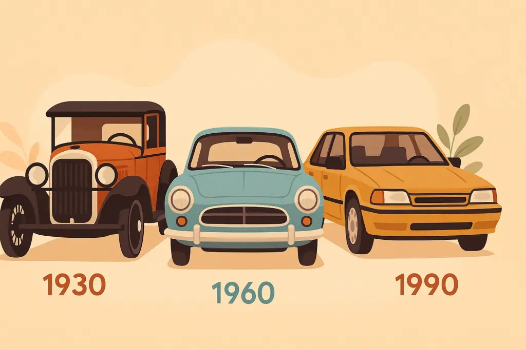Tres coches de distintas épocas representando las décadas de 1930, 1960 y 1990.