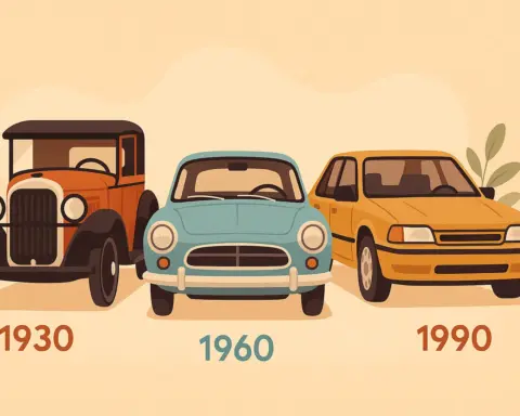 Tres coches de distintas épocas representando las décadas de 1930, 1960 y 1990.