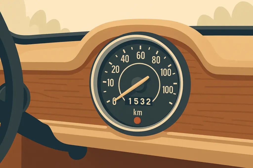 Cuadro de velocidad de coche histórico marcando 1.532 kilómetros recorridos.