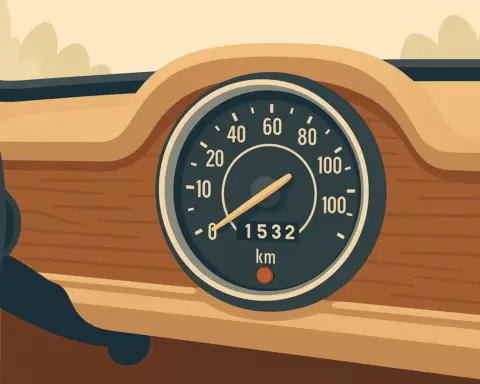 Cuadro de velocidad de coche histórico marcando 1.532 kilómetros recorridos.