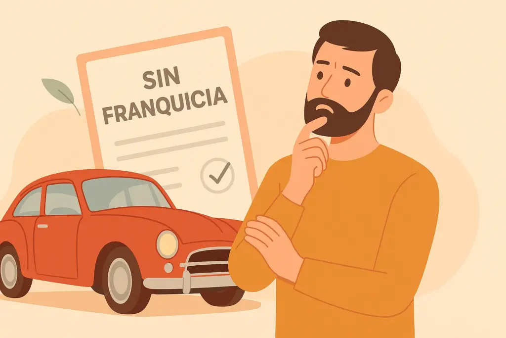 Hombre pensativo junto a coche histórico y cartel de seguro sin franquicia.