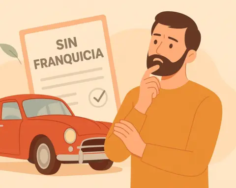 Hombre pensativo junto a coche histórico y cartel de seguro sin franquicia.