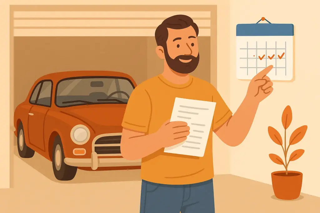 Hombre señalando calendario con coche histórico en garaje al fondo.