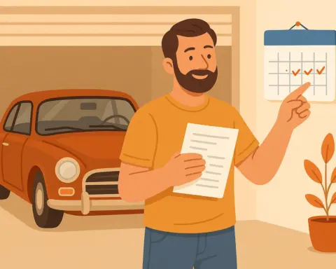 Hombre señalando calendario con coche histórico en garaje al fondo.