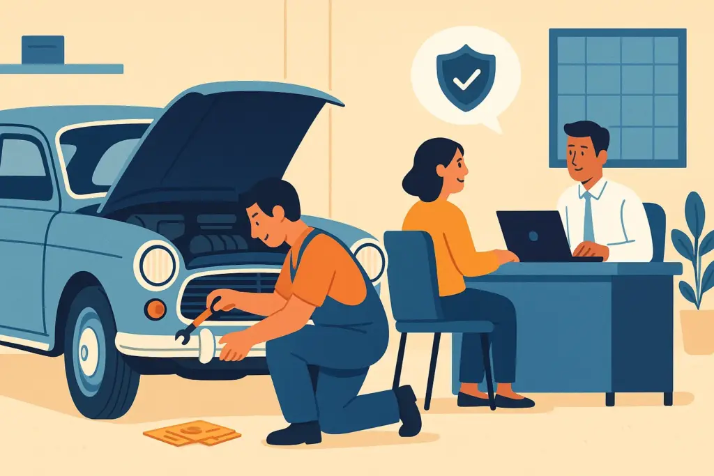 Un mecánico repara un coche clásico, mientras una mujer conversa con un asesor sobre el seguro del vehículo.