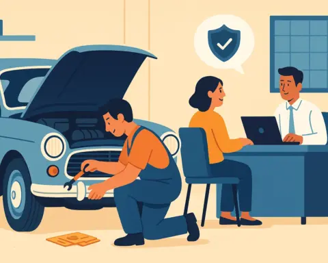 Un mecánico repara un coche clásico, mientras una mujer conversa con un asesor sobre el seguro del vehículo.