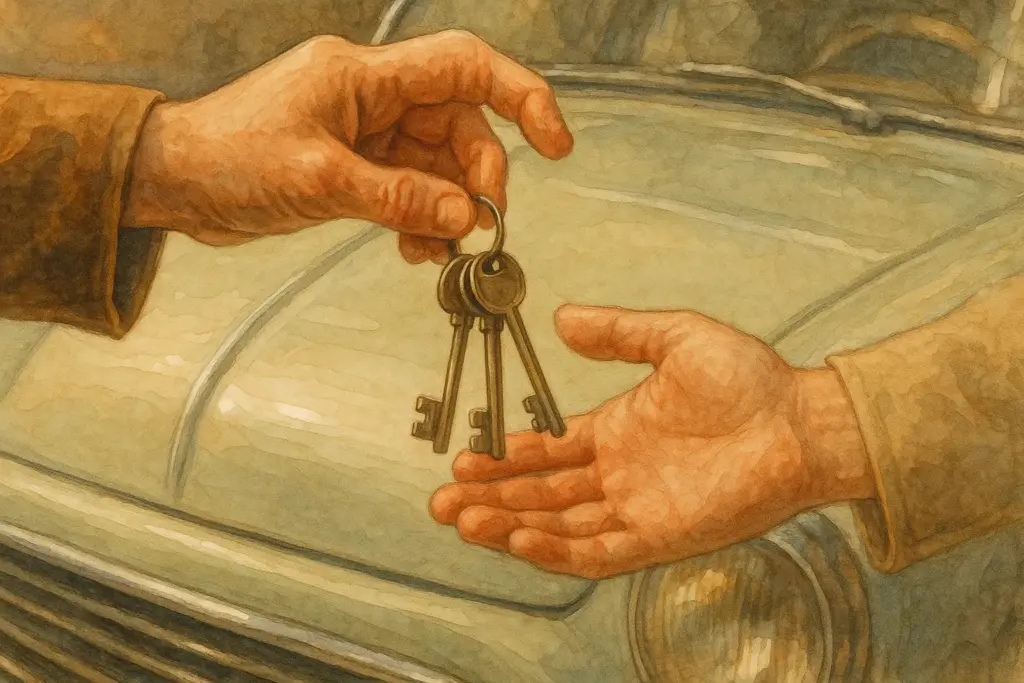 Ilustración de la entrega de llaves, simbolizando la venta de un coche histórico.