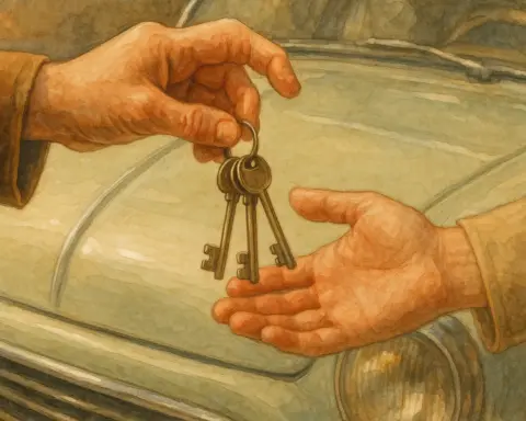 Ilustración de la entrega de llaves, simbolizando la venta de un coche histórico.