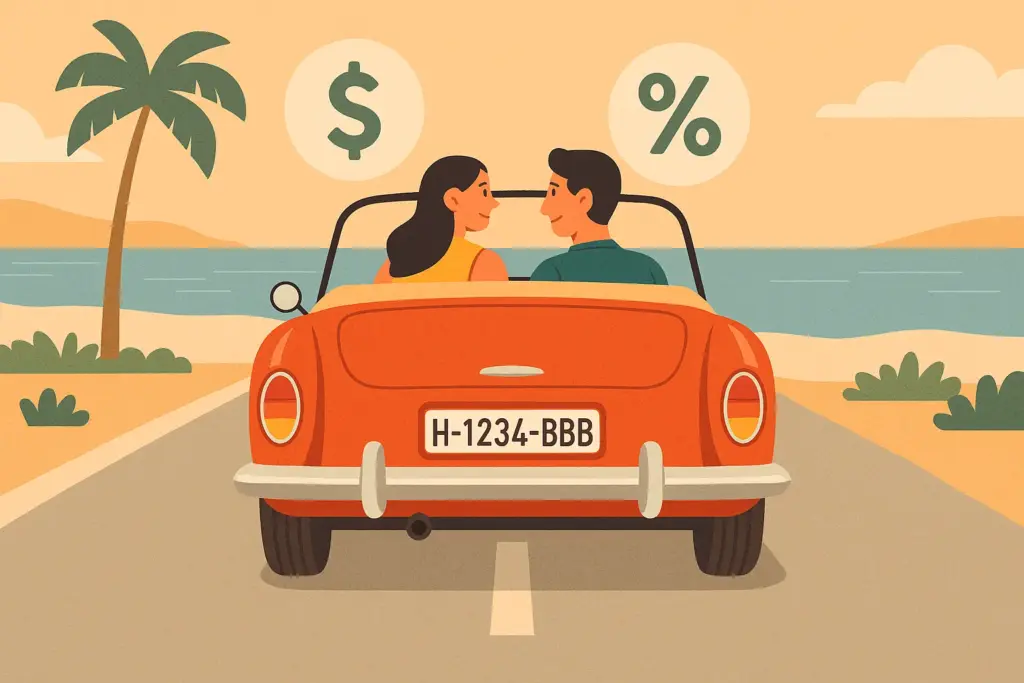 Pareja conduciendo un coche clásico descapotable por una carretera junto al mar disfrutando de las ventajas de tener una buena póliza.