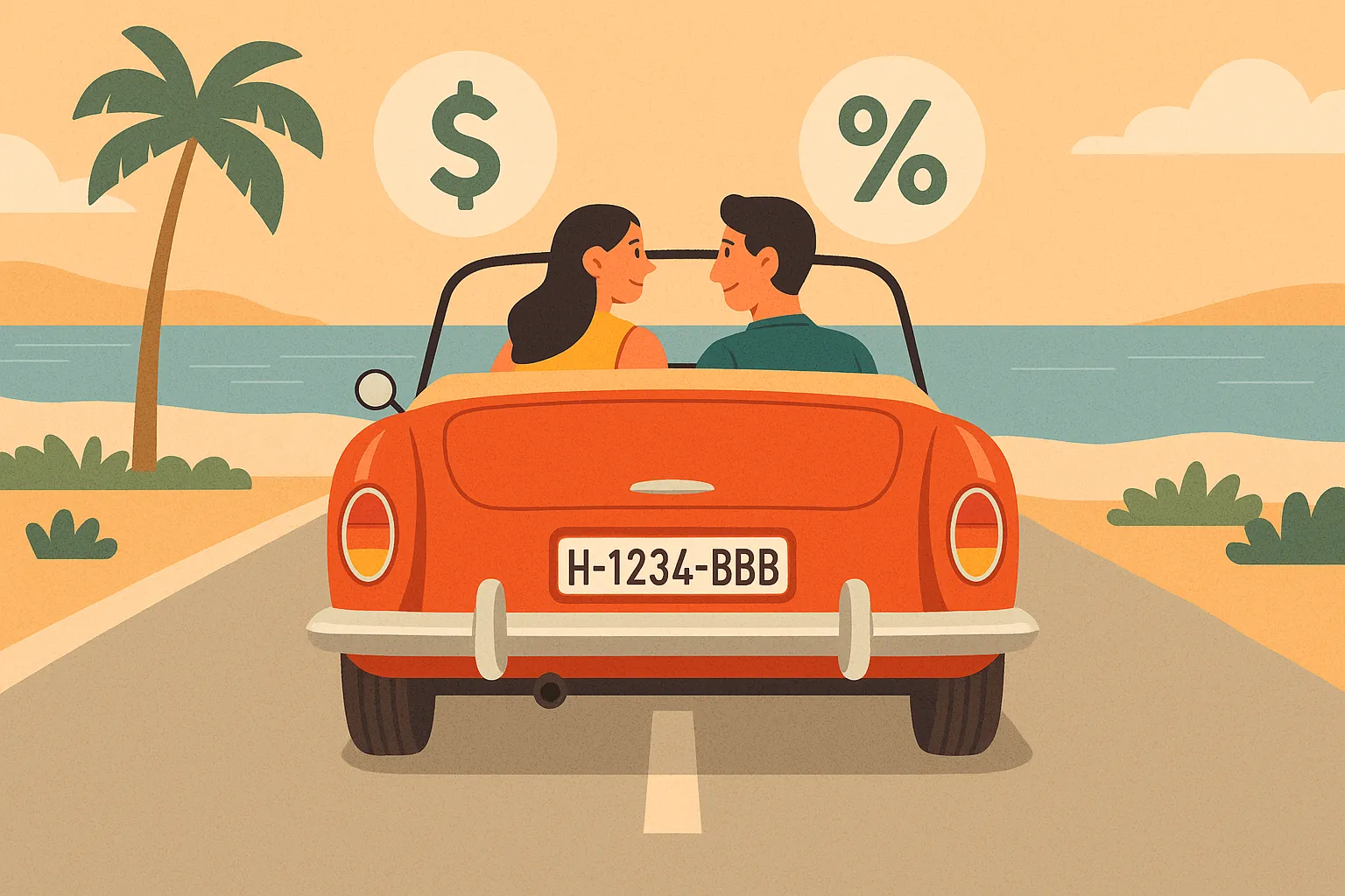 Pareja conduciendo un coche clásico descapotable por una carretera junto al mar disfrutando de las ventajas de tener una buena póliza.