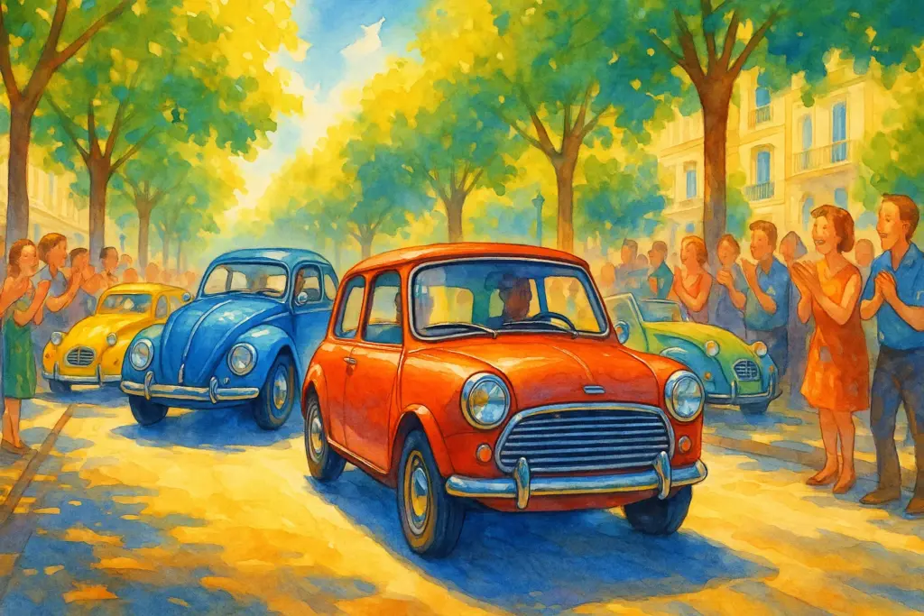 Ilustración de un desfile de coches históricos, simbolizando las ventajas de su estatus.