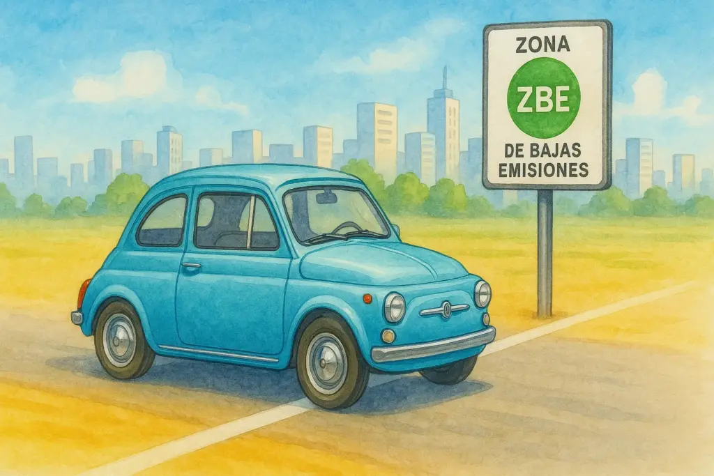 Ilustración de un coche histórico circulando sin problemas en una Zona de Bajas Emisiones (ZBE).
