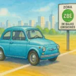 Ilustración de un coche histórico circulando sin problemas en una Zona de Bajas Emisiones (ZBE).