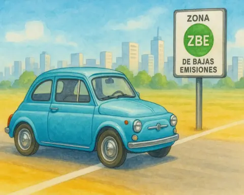 Ilustración de un coche histórico circulando sin problemas en una Zona de Bajas Emisiones (ZBE).
