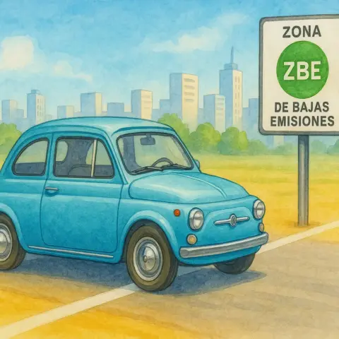Ilustración de un coche histórico circulando sin problemas en una Zona de Bajas Emisiones (ZBE).