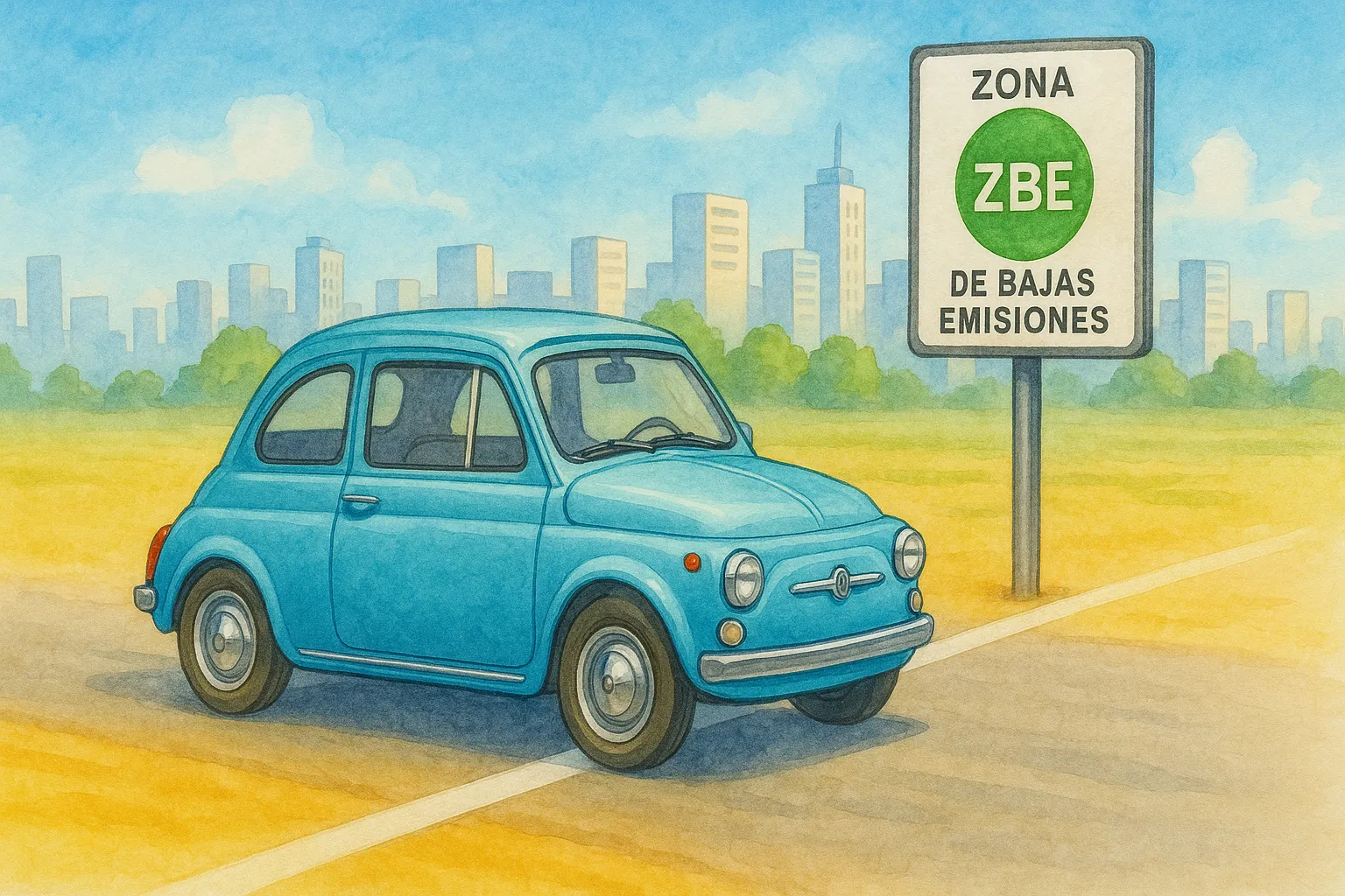 Ilustración de un coche histórico circulando sin problemas en una Zona de Bajas Emisiones (ZBE).